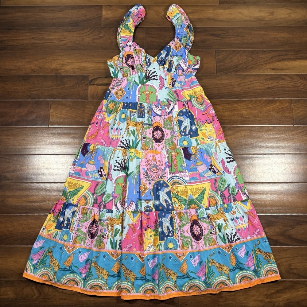 J.Marie Women's Size XL Zodiac Print Sloan Ruffle Strap Tiered Midi Dress